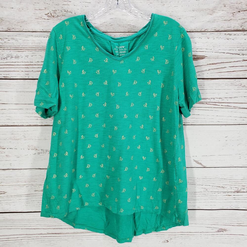 Chico's Women's Green Slub Foiled Sailboat Print The Ultimate Tee Size 2